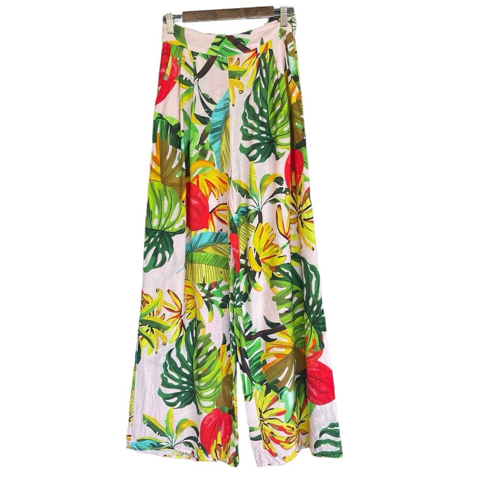 Cutely Covered Womens Pants Medium Tropical Wide Leg Rayon Blend‎ Boho Beachy